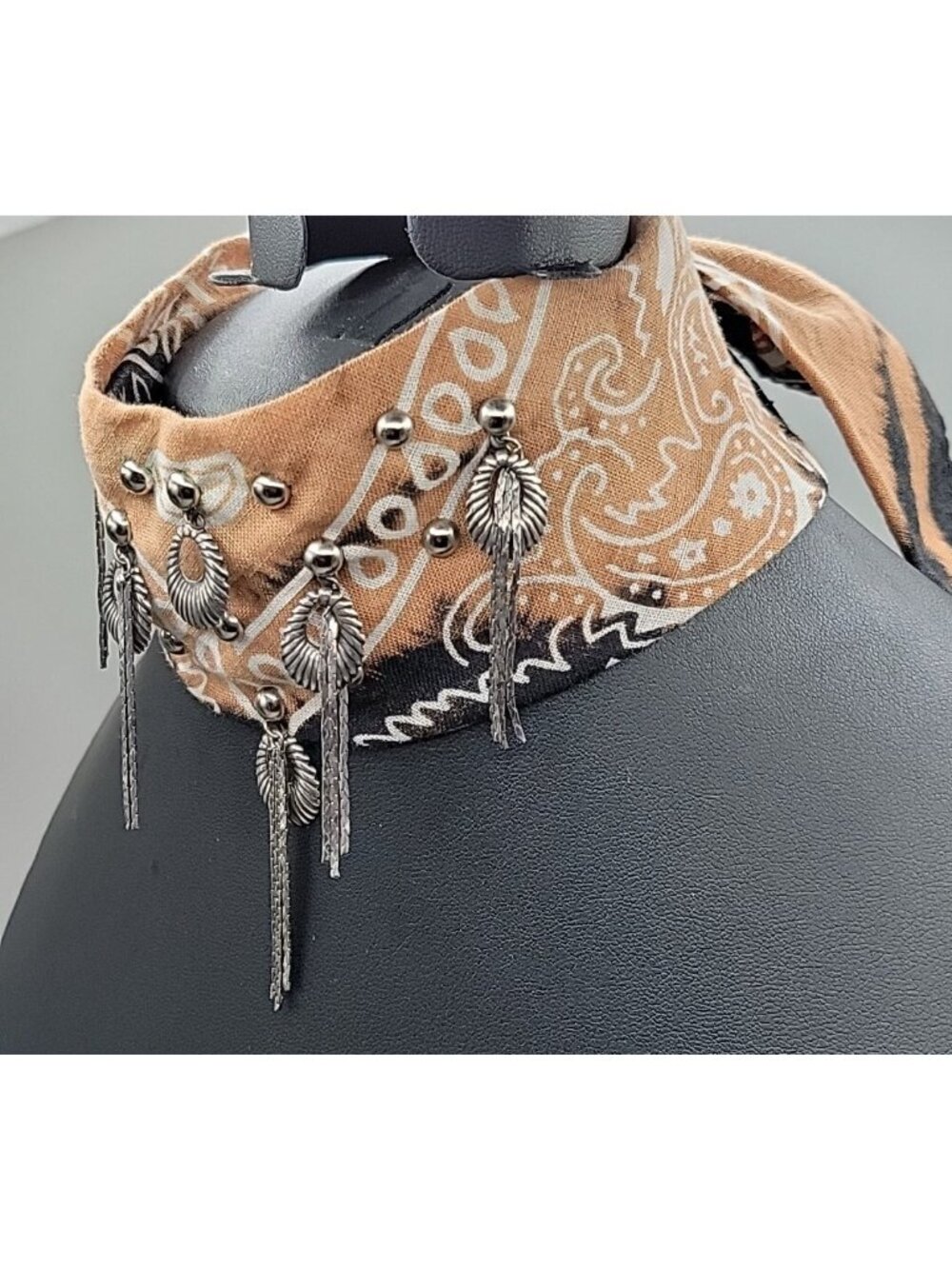 Dannijo Bandana Necklace Black Brown Print Silver Studs Fringe Boho Festival - Picture 6 of 13